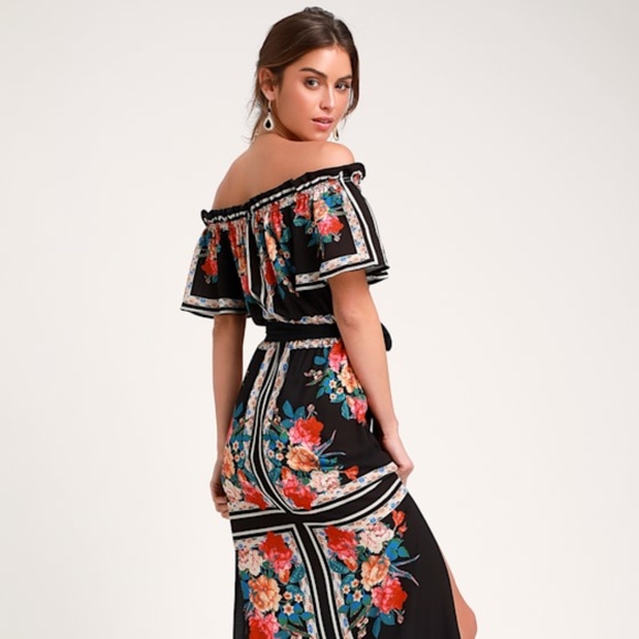 Lulus Trip To Tobago Black Floral Print Off-the-shoulder Maxi Dress - Size M - Picture 1 of 2